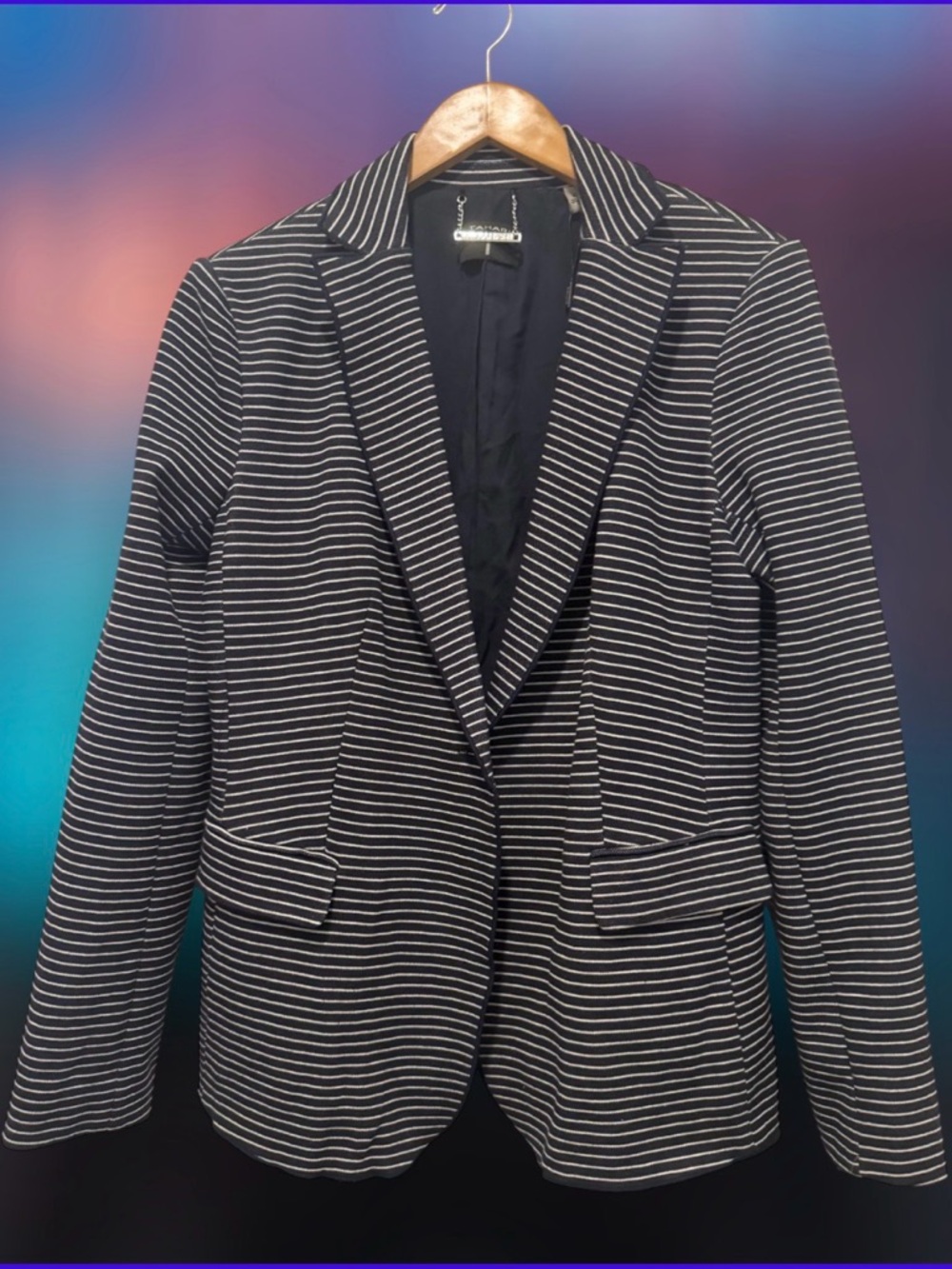 NWT Blazer TTAHARI Size 8 Black & White Striped Notched Lapel Jacket Pearl.